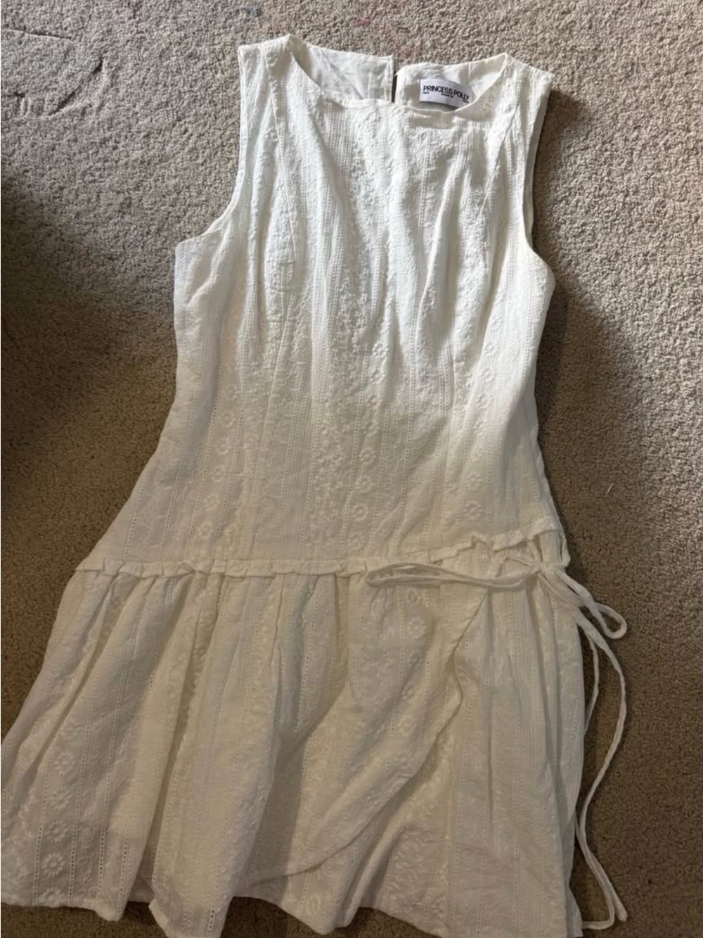 Princess Polly White Sleeveless Eyelet Drop-Waist Mini Dress